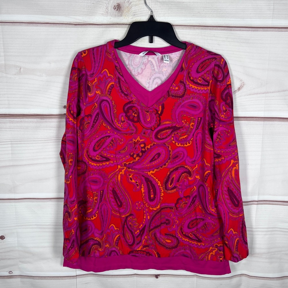 Isaac Mizrahi Live V-Neck Top Womens XS Pink Paisley Long Sleeve Layered Knit